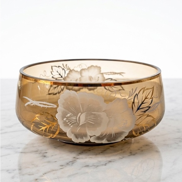 Amber Glass Floral Bowl with Gold Accents - Picture 2 of 2